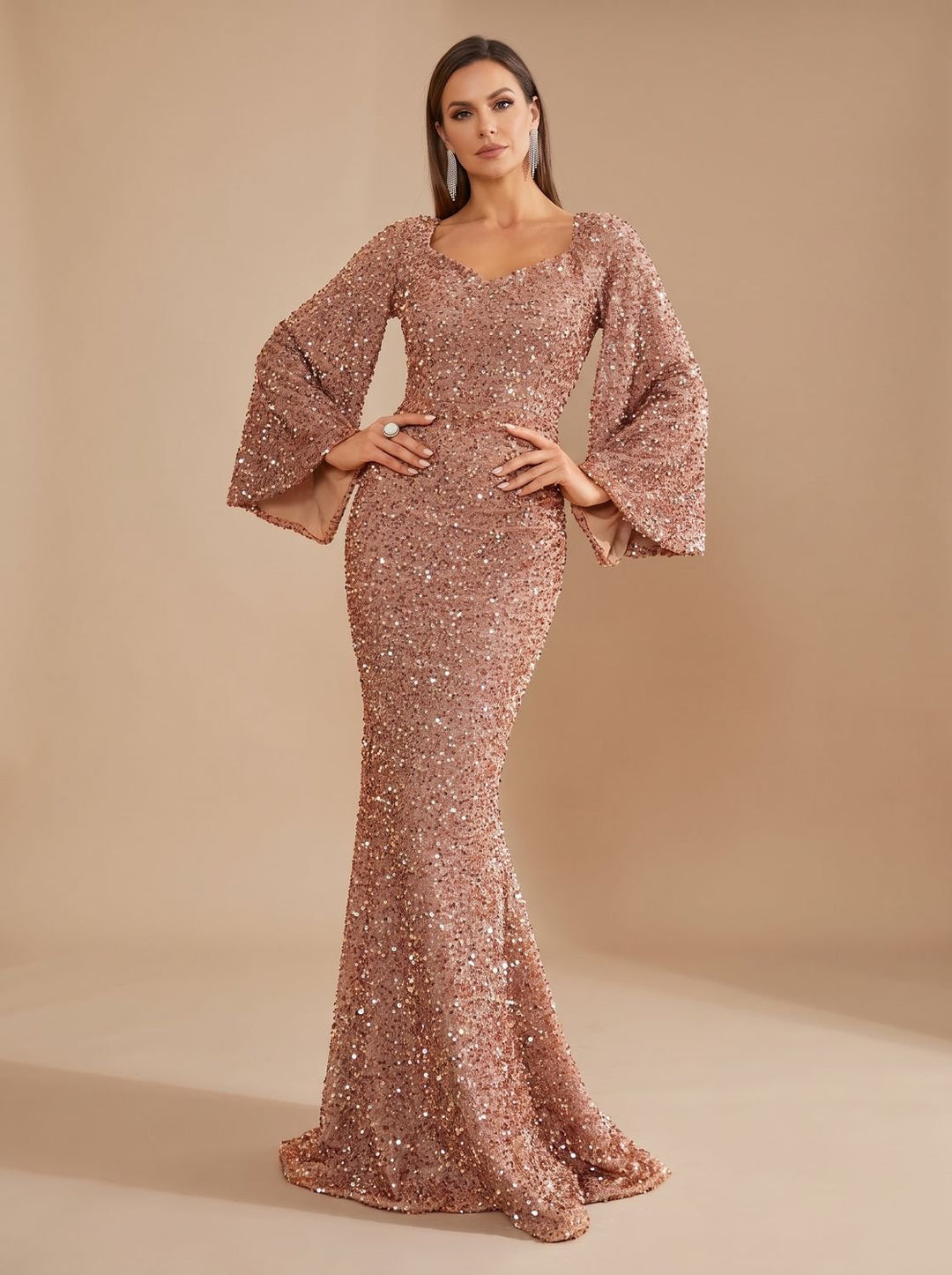 Maren Dames Pailletten Zeemeermin Maxi Jurk met Klokmouwen