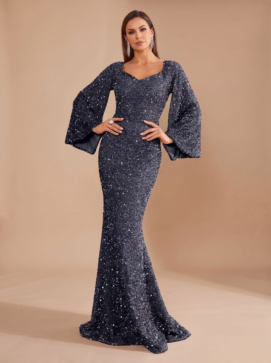 Maren Dames Pailletten Zeemeermin Maxi Jurk met Klokmouwen