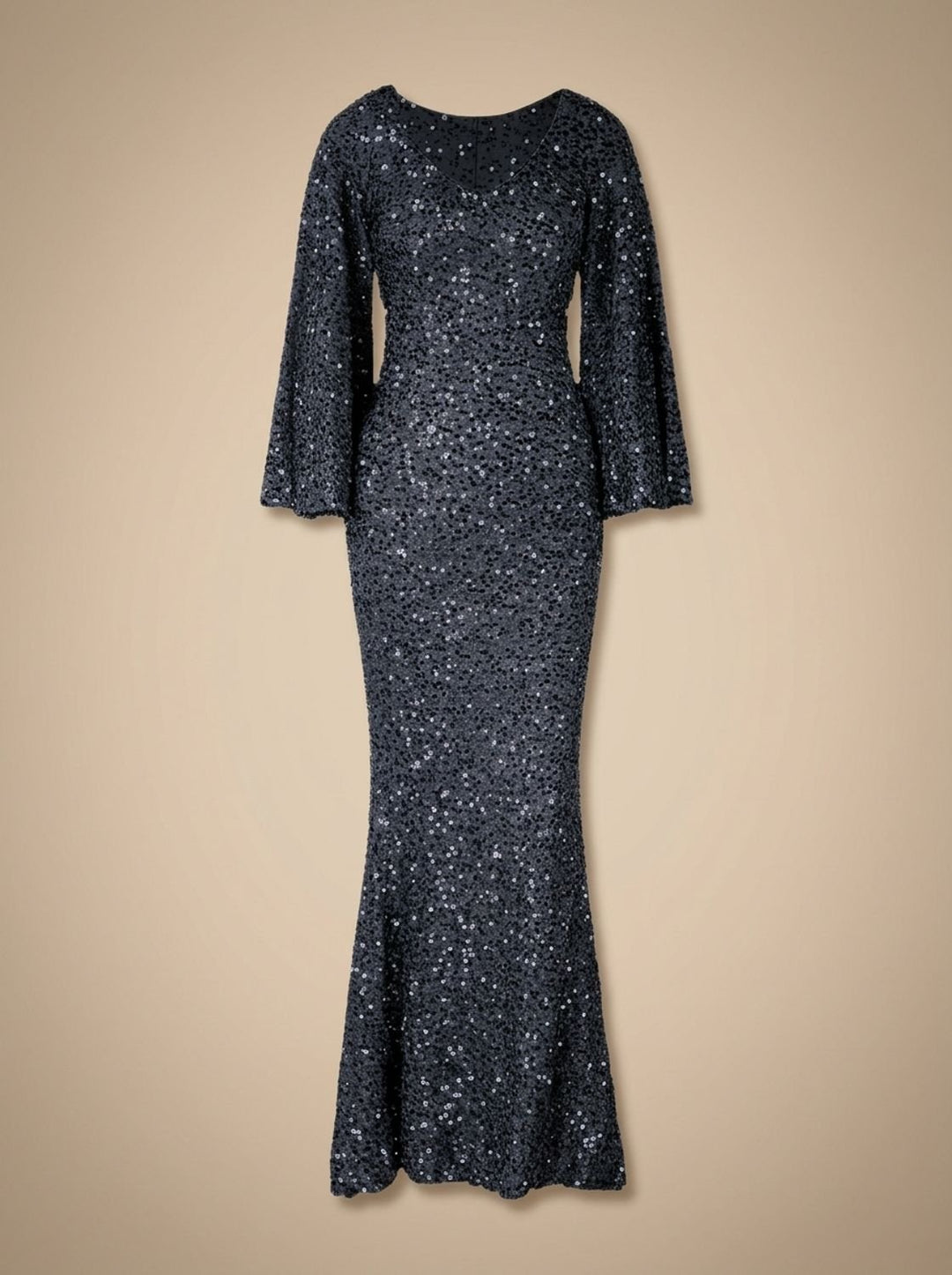 Maren Dames Pailletten Zeemeermin Maxi Jurk met Klokmouwen - Zwart