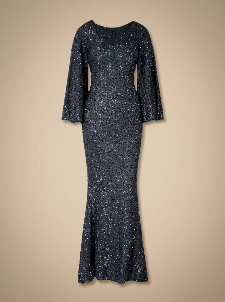 Maren Dames Pailletten Zeemeermin Maxi Jurk met Klokmouwen - Zwart