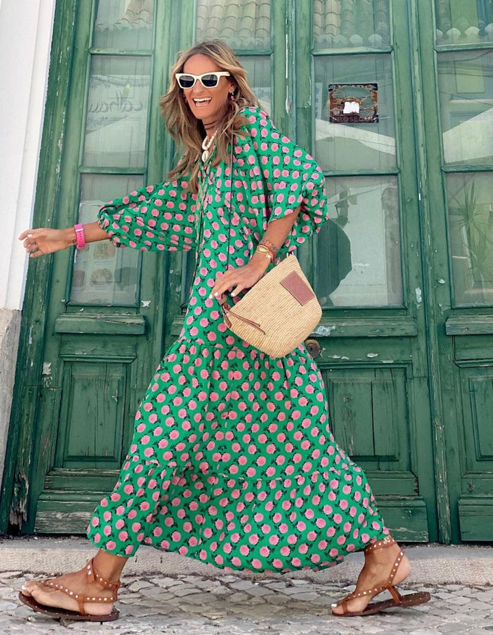 Maxi jurk dames wijdvallend V-hals boho vloeiende silhouet - Groen