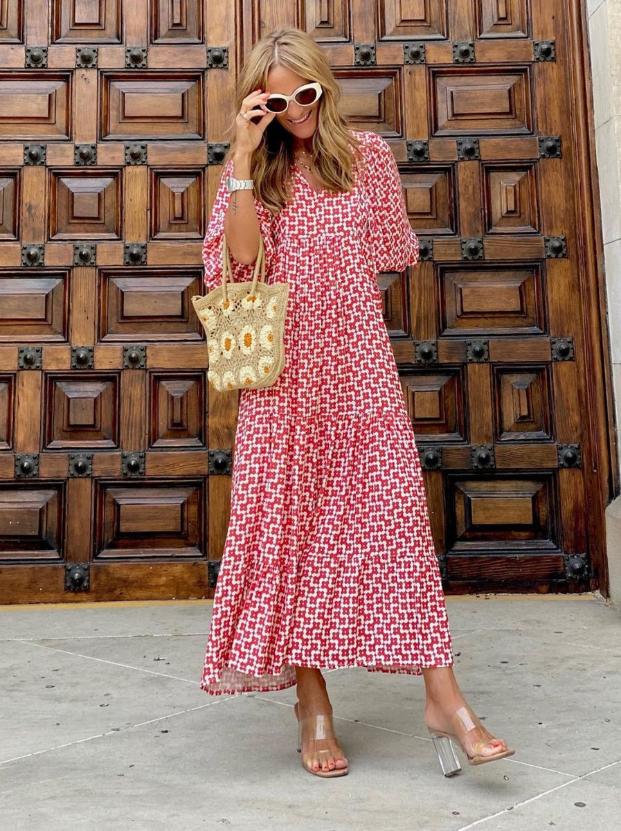 Maxi jurk dames wijdvallend V-hals boho vloeiende silhouet