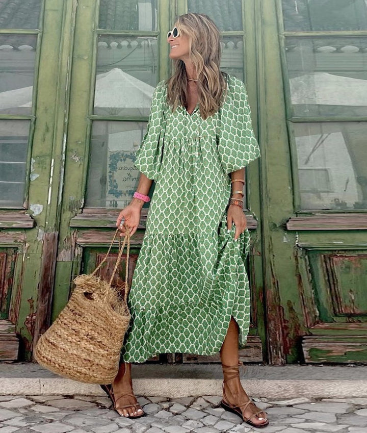 Maxi jurk dames wijdvallend V-hals boho vloeiende silhouet - Lichtgroen