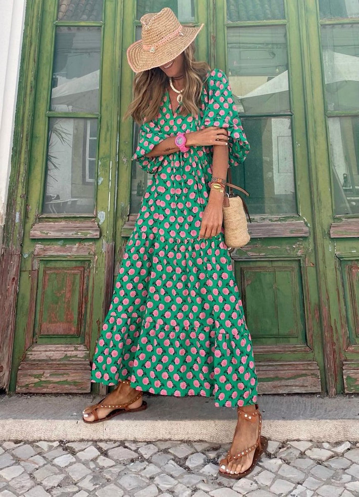 Maxi jurk dames wijdvallend V-hals boho vloeiende silhouet