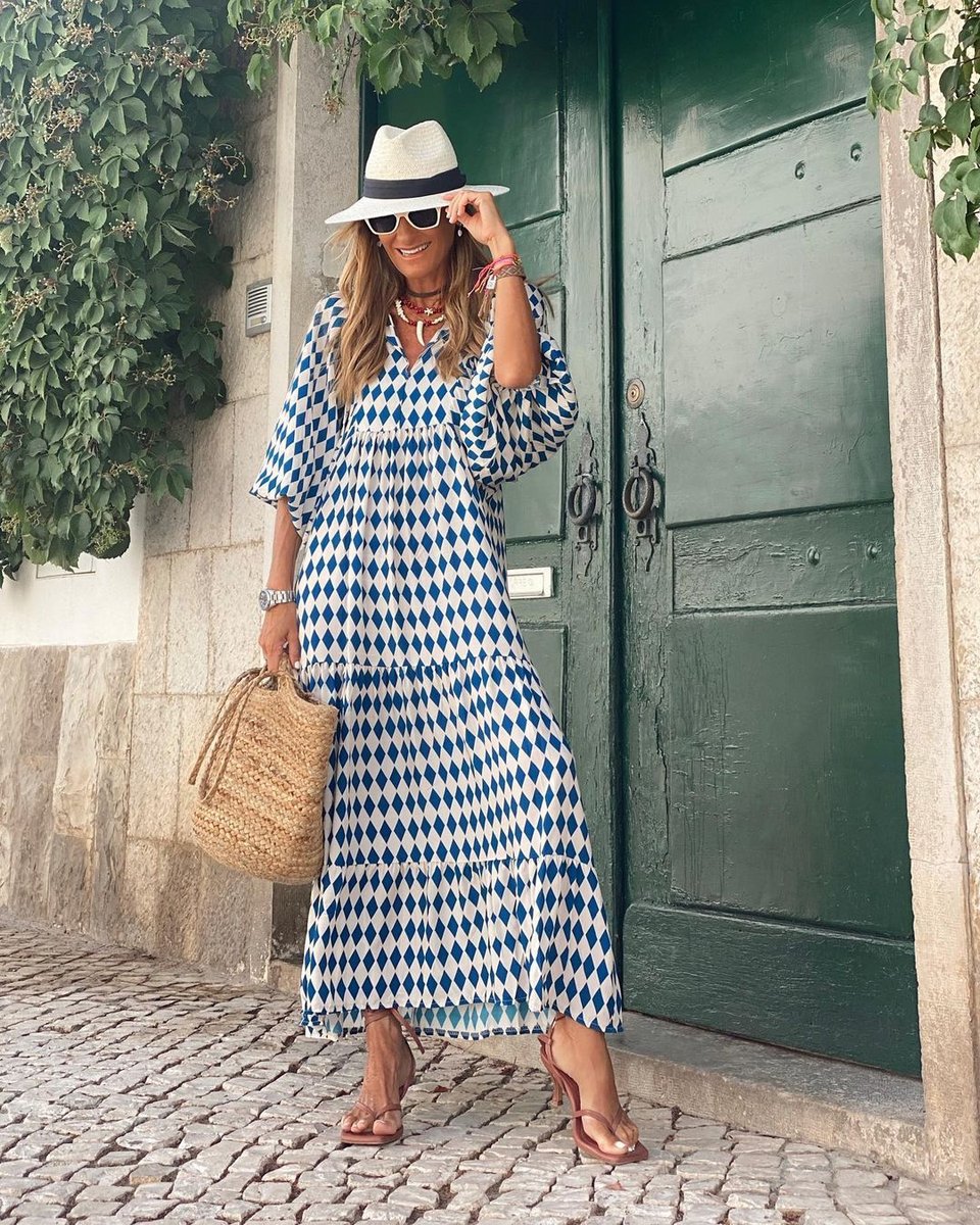 Maxi jurk dames wijdvallend V-hals boho vloeiende silhouet - Lichtblauw
