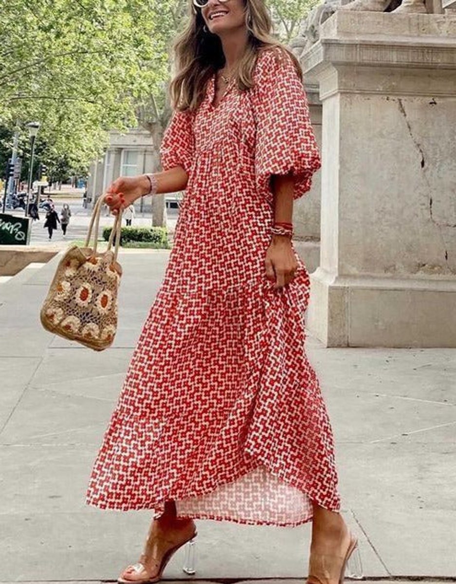 Maxi jurk dames wijdvallend V-hals boho vloeiende silhouet - Rood
