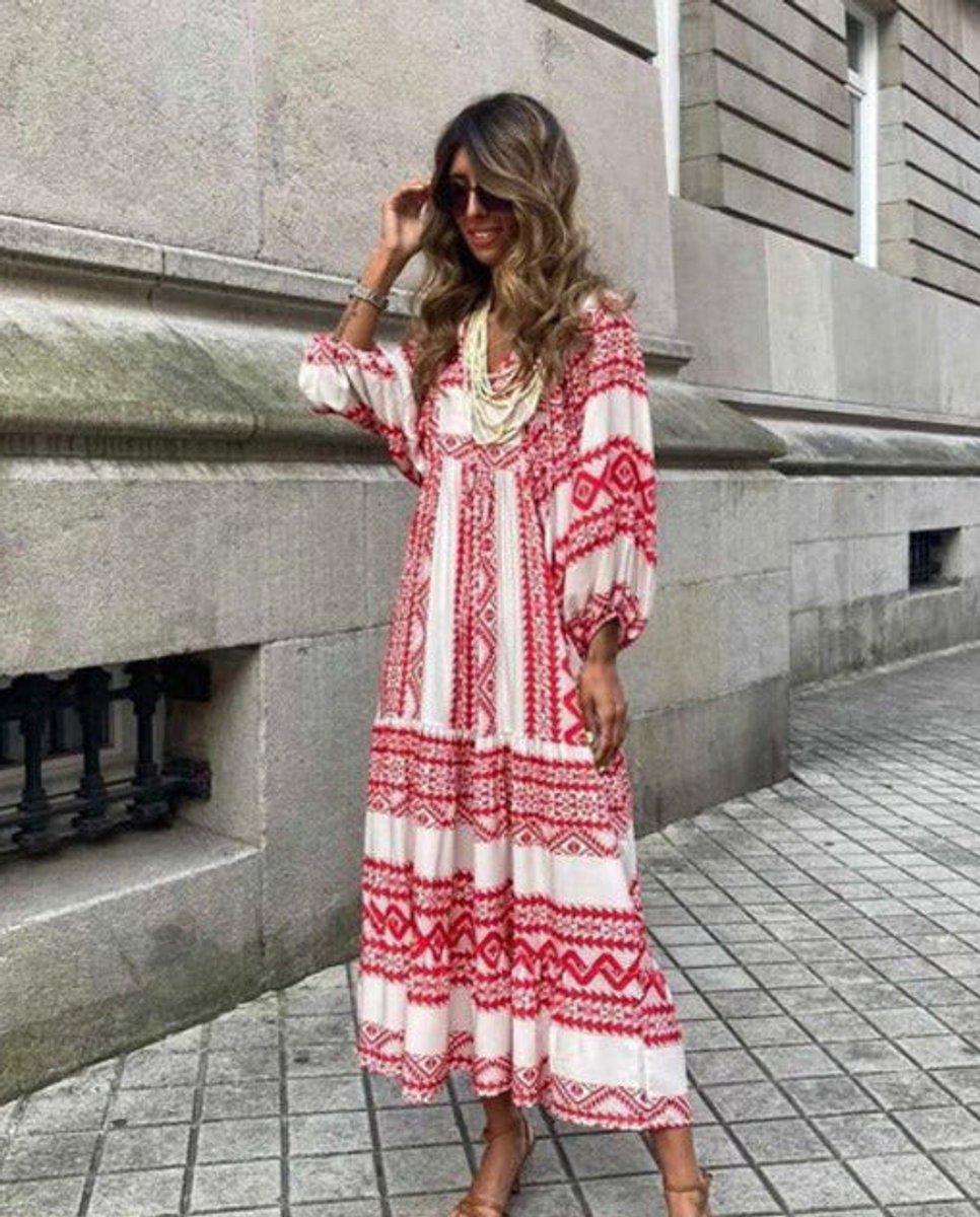Maxi jurk dames wijdvallend V-hals boho vloeiende silhouet - Donkerrood