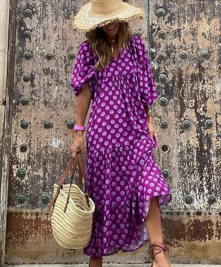 Maxi jurk dames wijdvallend V-hals boho vloeiende silhouet - Lila