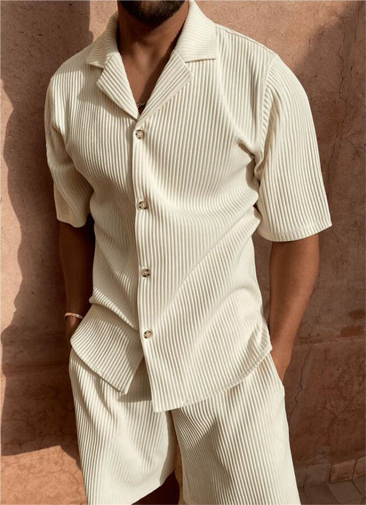 Nicholas | Herren Geripptes Hemd mit Knopfleiste und Shorts-Set