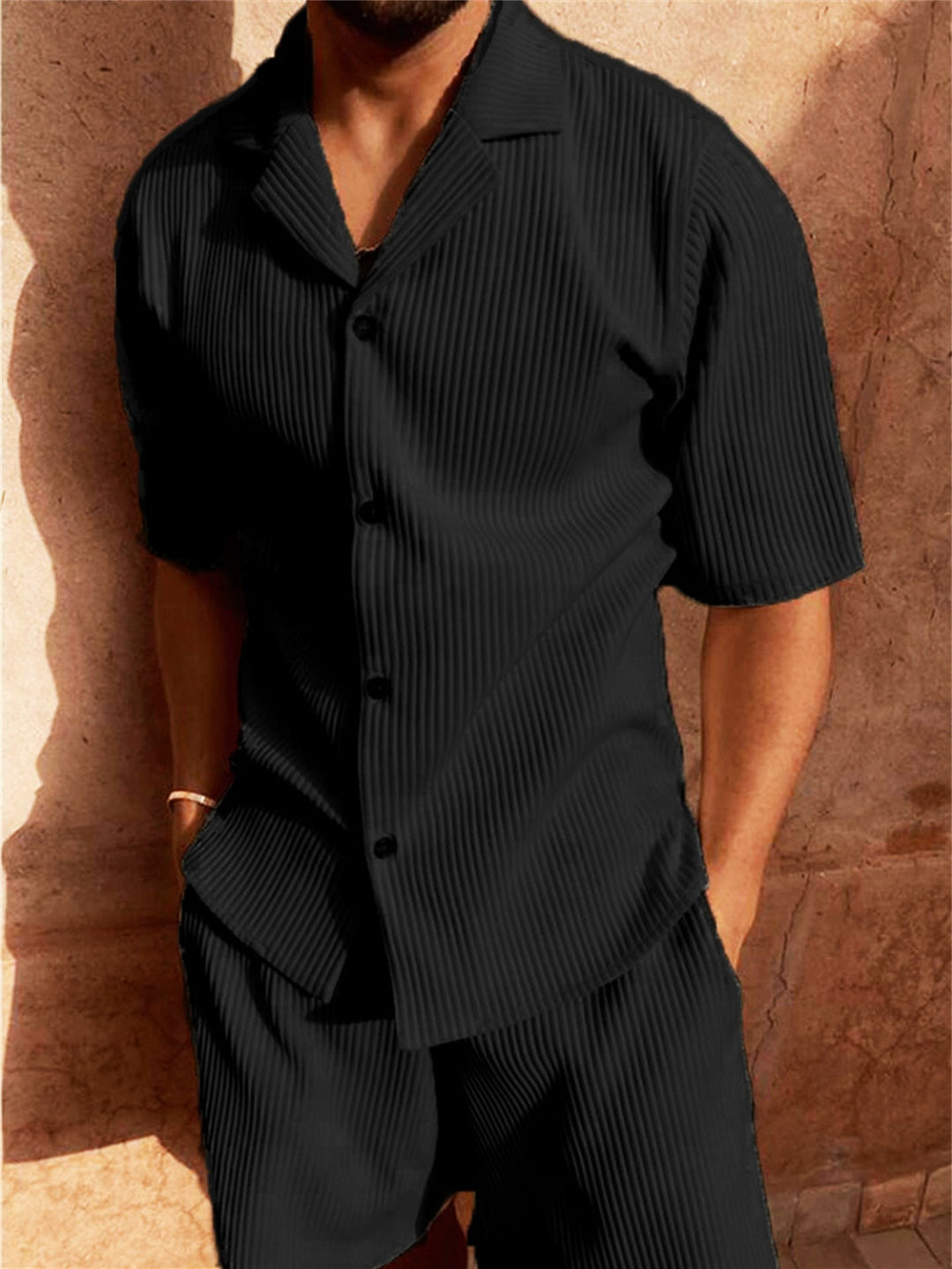 Nicholas | Herren Geripptes Hemd mit Knopfleiste und Shorts-Set