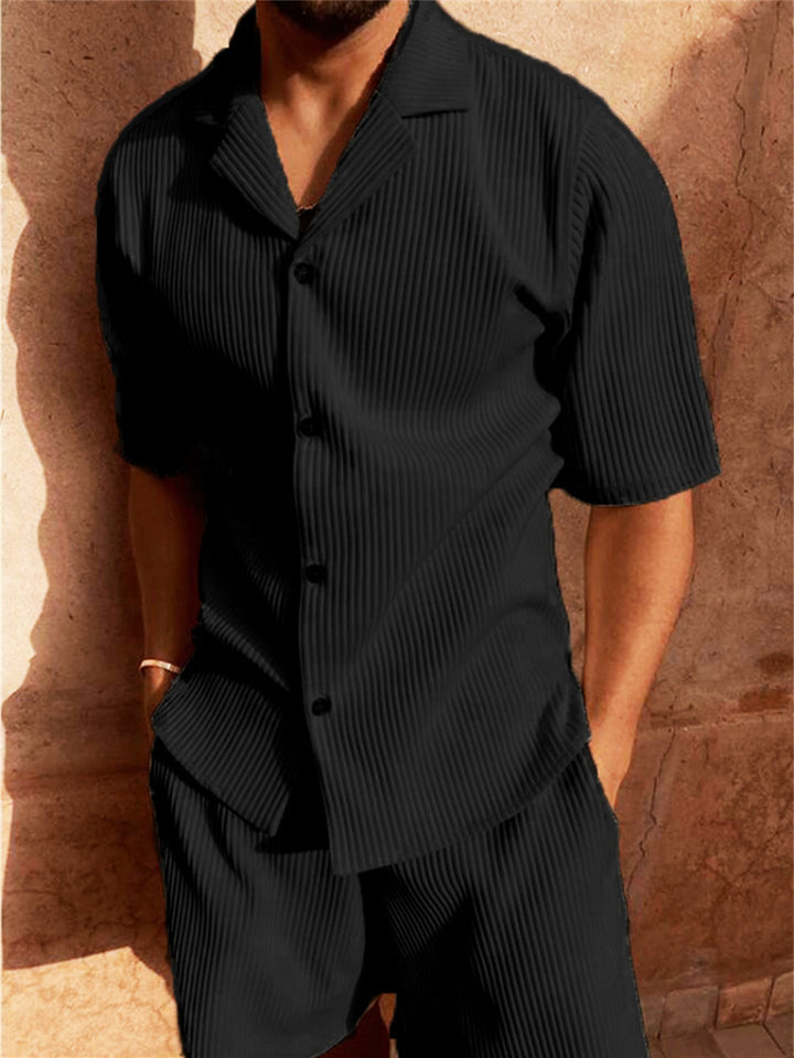 Nicholas | Herren Geripptes Hemd mit Knopfleiste und Shorts-Set