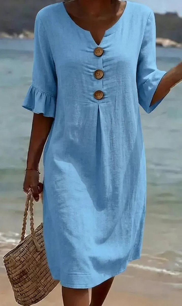 Midi jurk dames linnen look houten knopen rüschenärmeln - Blauw