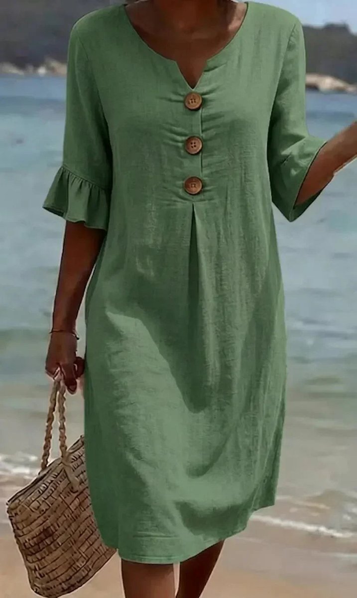 Midi jurk dames linnen look houten knopen rüschenärmeln - Groen