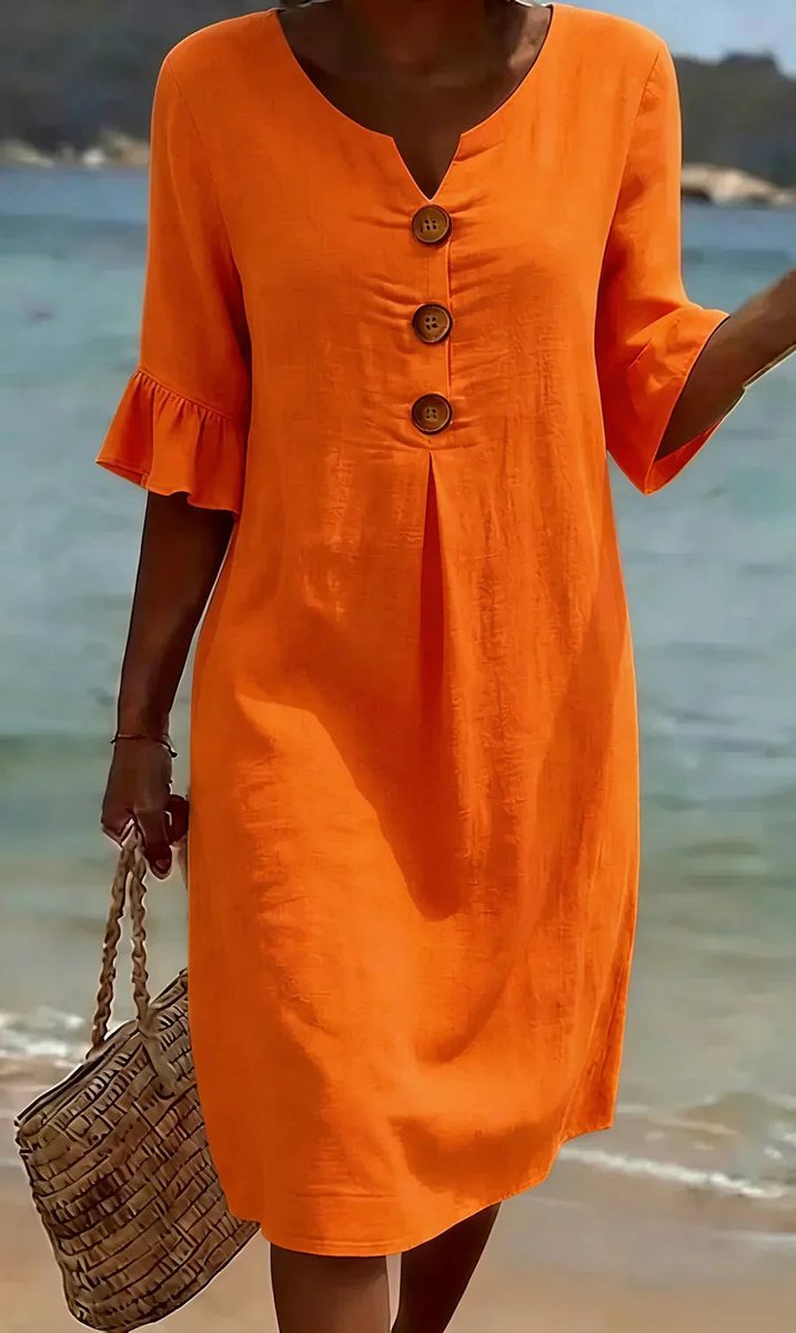 Midi jurk dames linnen look houten knopen rüschenärmeln - Oranje