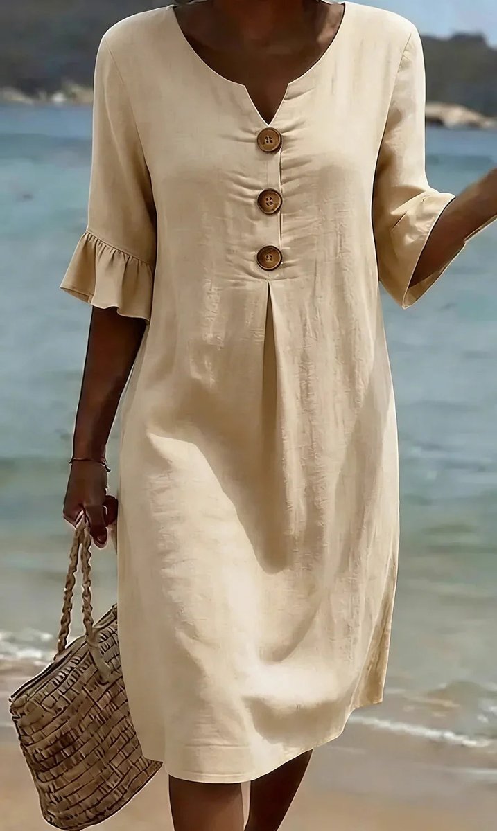 Midi jurk dames linnen look houten knopen rüschenärmeln - Abrikoos