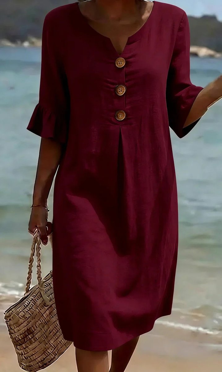 Midi jurk dames linnen look houten knopen rüschenärmeln - Donkerrood