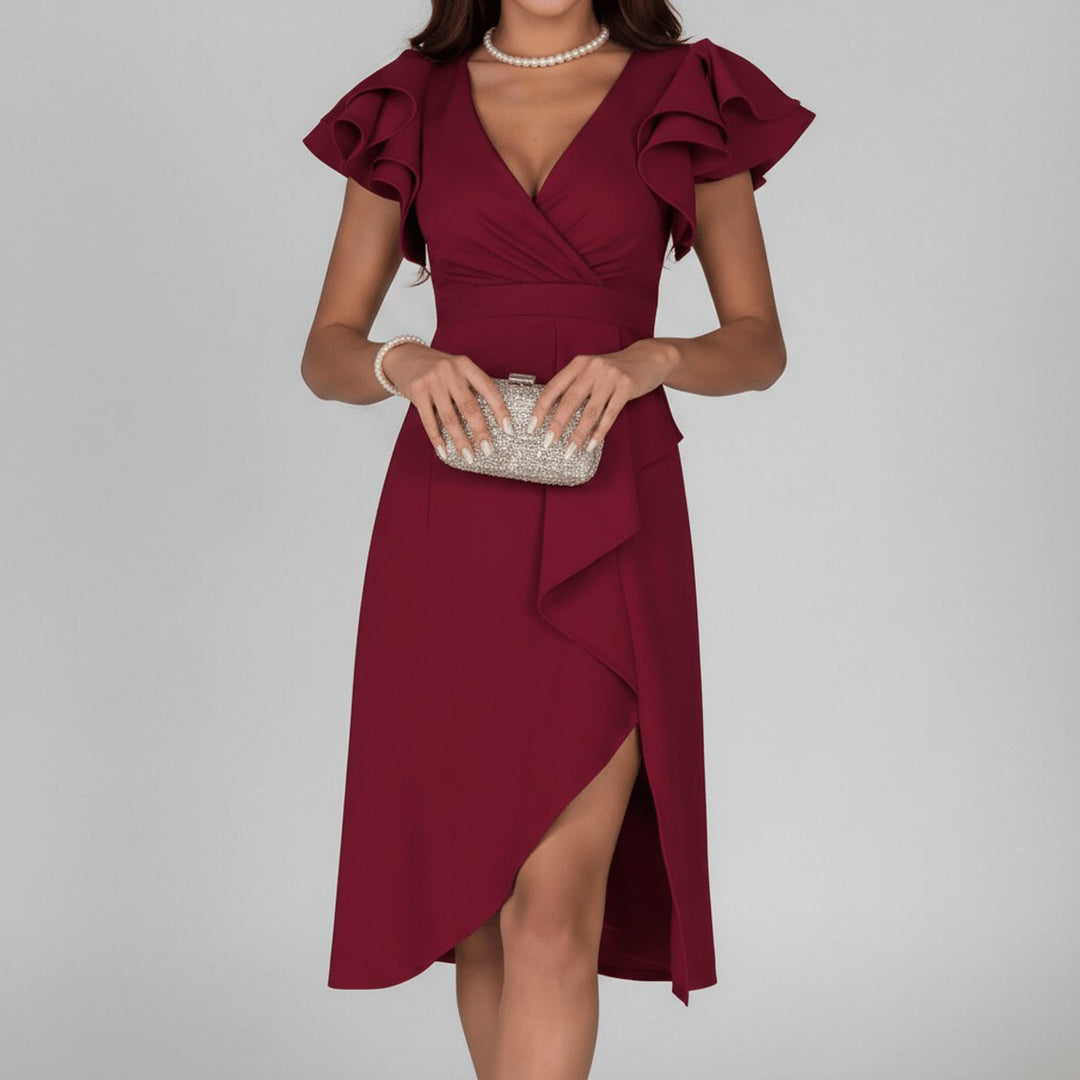 Moeder van de Bruid Jurk Elegante V-hals Ruffle Wikkel Midi - Deep Red
