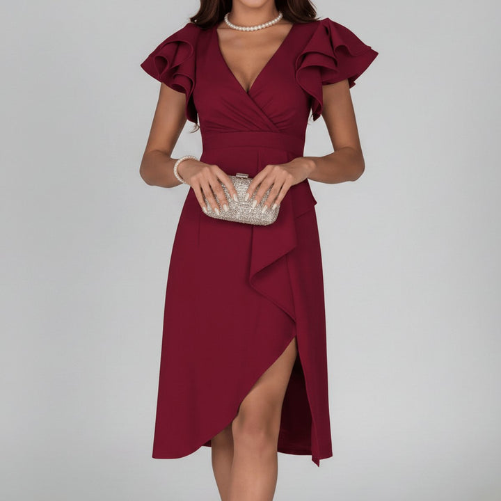 Moeder van de Bruid Jurk Elegante V-hals Ruffle Wikkel Midi - Deep Red