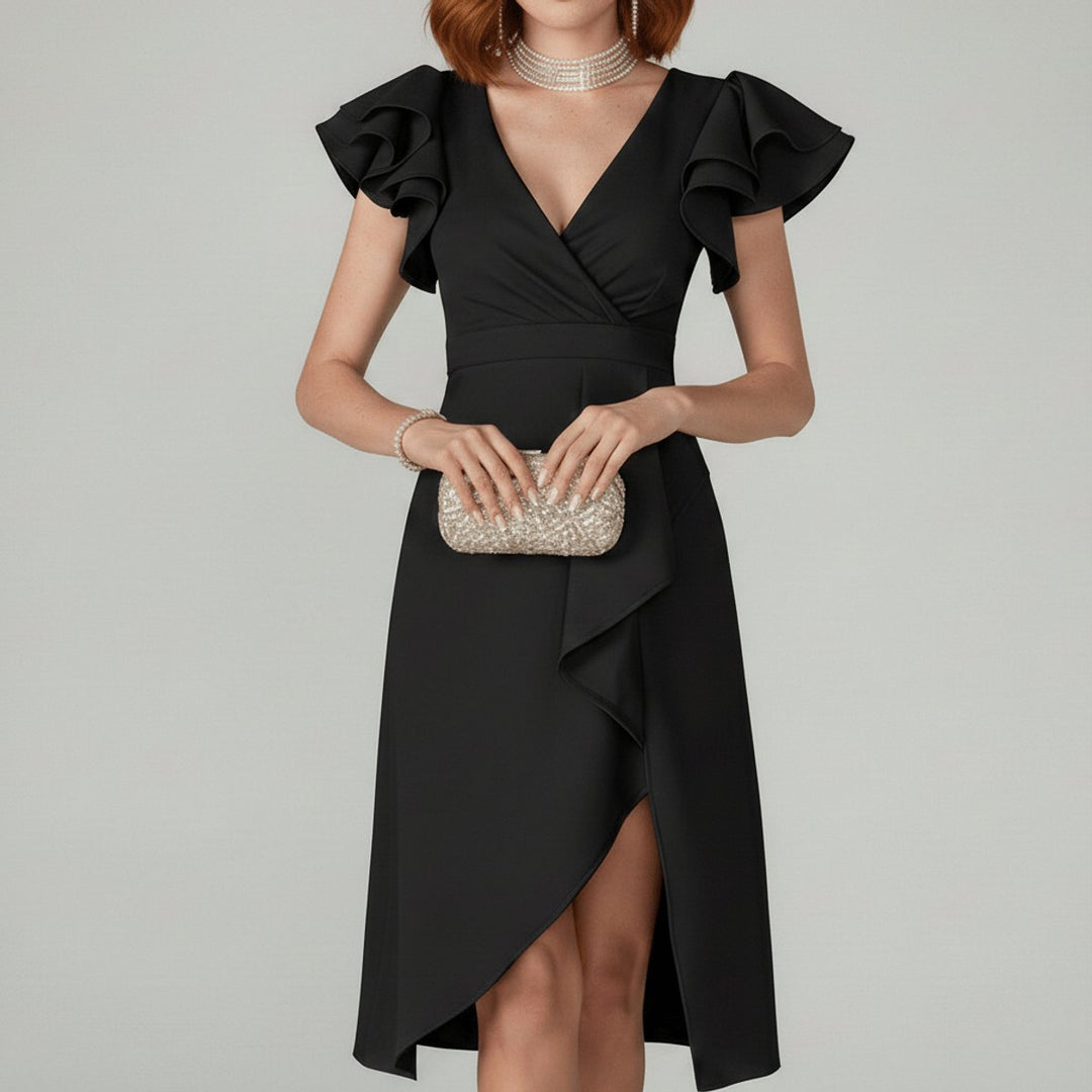 Moeder van de Bruid Jurk Elegante V-hals Ruffle Wikkel Midi - Classic Black