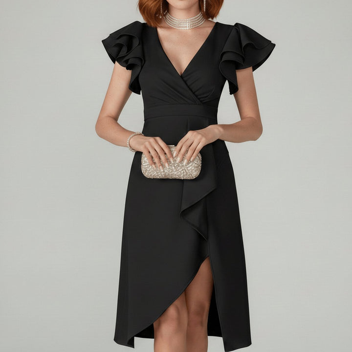 Moeder van de Bruid Jurk Elegante V-hals Ruffle Wikkel Midi - Classic Black