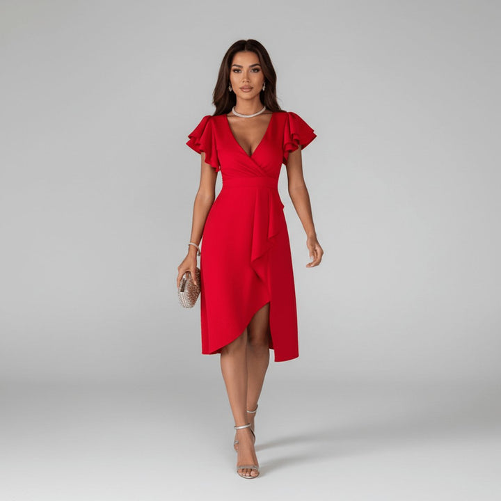 Moeder van de Bruid Jurk Elegante V-hals Ruffle Wikkel Midi - Vivid Red