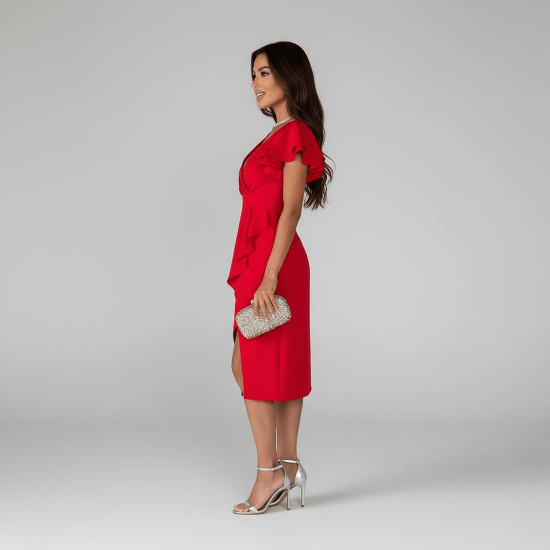 Moeder van de Bruid Jurk Elegante V-hals Ruffle Wikkel Midi