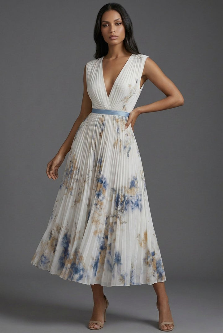 Moeder van de Bruid Jurk Geplooide Bloemen V-hals Midi - White