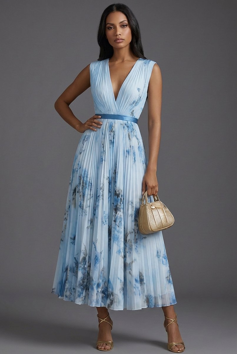 Moeder van de Bruid Jurk Geplooide Bloemen V-hals Midi - Blue