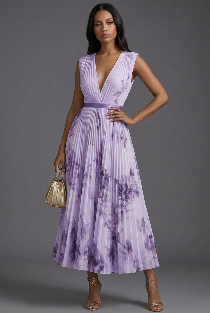 Moeder van de Bruid Jurk Geplooide Bloemen V-hals Midi - Purple