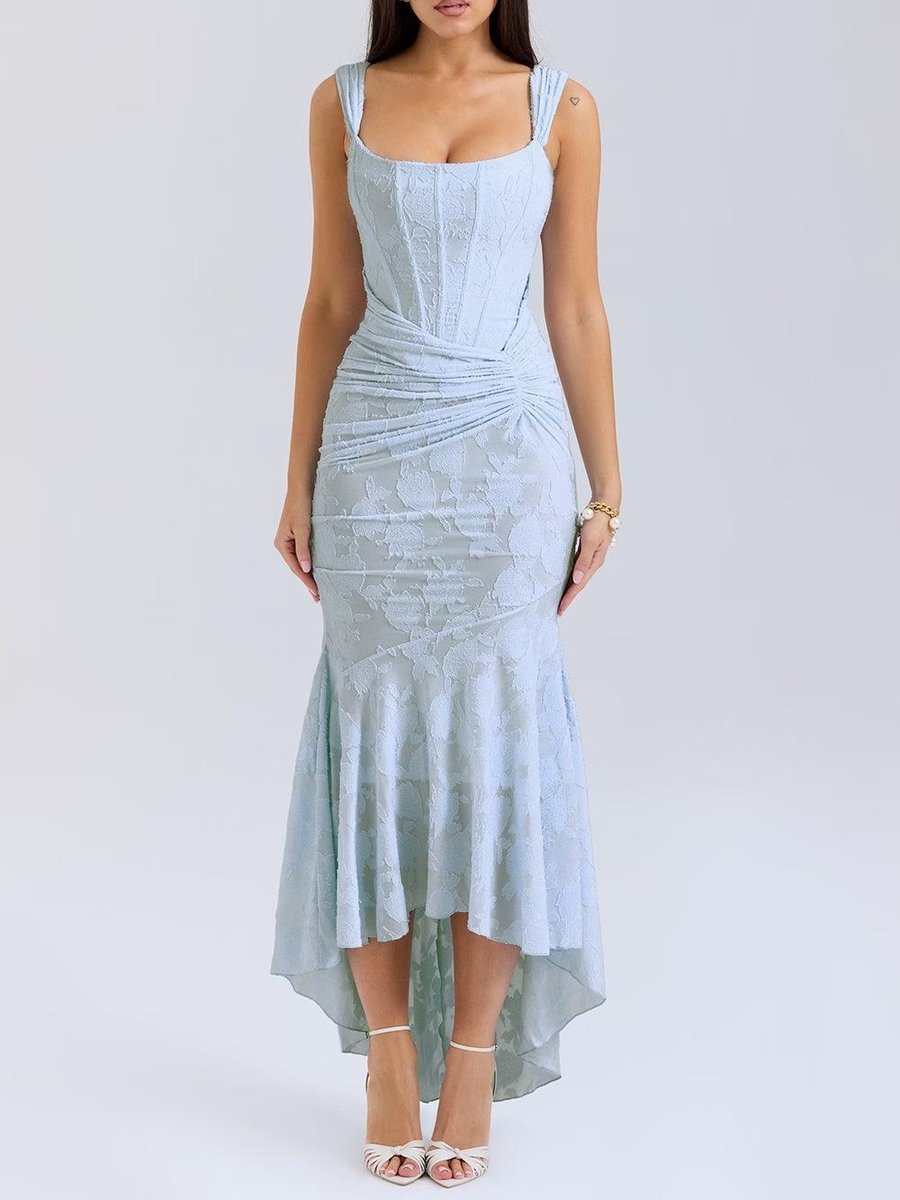 Moeder van de bruid jurk korsett mermaid jacquard kant midi - Blue