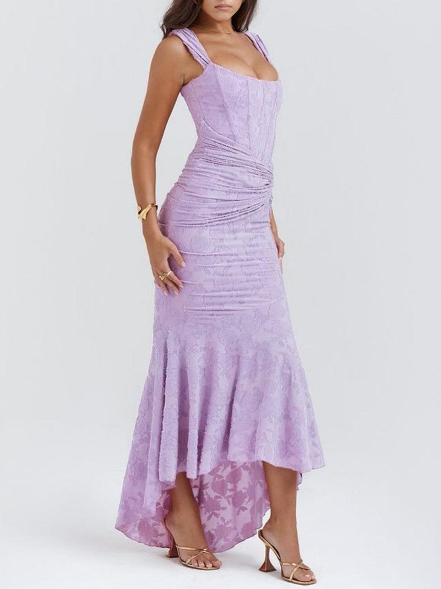 Moeder van de bruid jurk korsett mermaid jacquard kant midi - Purple-2