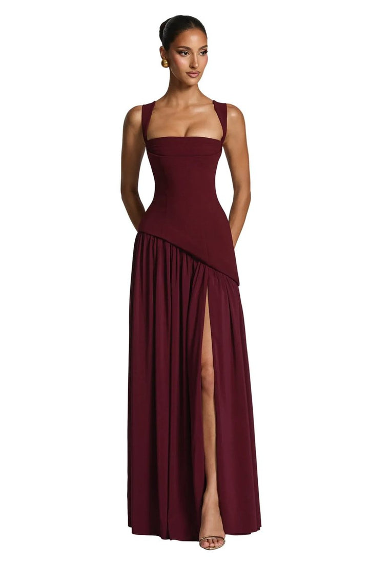 Moeder van de bruid jurk mouwloze A-lijn maxi jurk met gekorsette taille - Burgundy