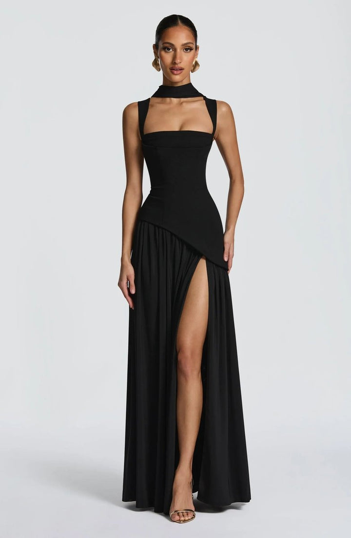 Moeder van de bruid jurk mouwloze A-lijn maxi jurk met gekorsette taille - Black