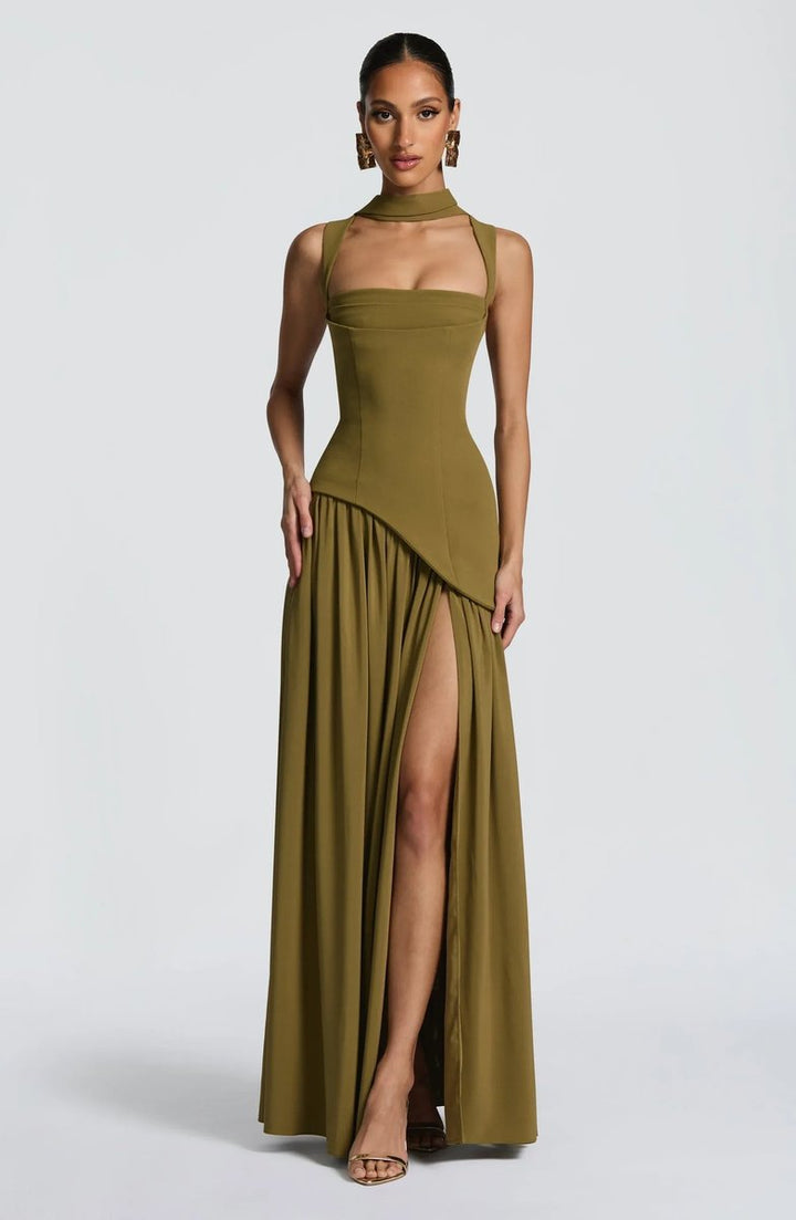 Moeder van de bruid jurk mouwloze A-lijn maxi jurk met gekorsette taille - Green