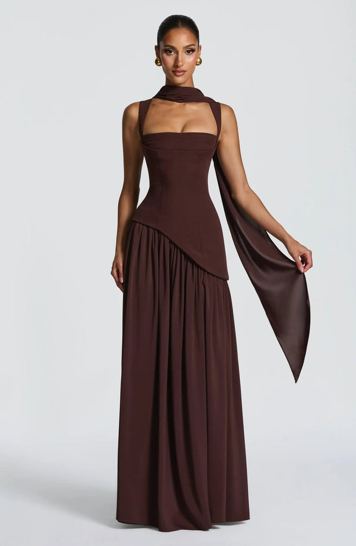 Moeder van de bruid jurk mouwloze A-lijn maxi jurk met gekorsette taille - Brown