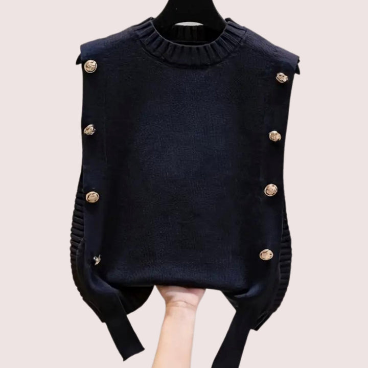 Mouwloze Gebreide Bodywarmer Dames Gouden Knopen Zijkant - Zwart