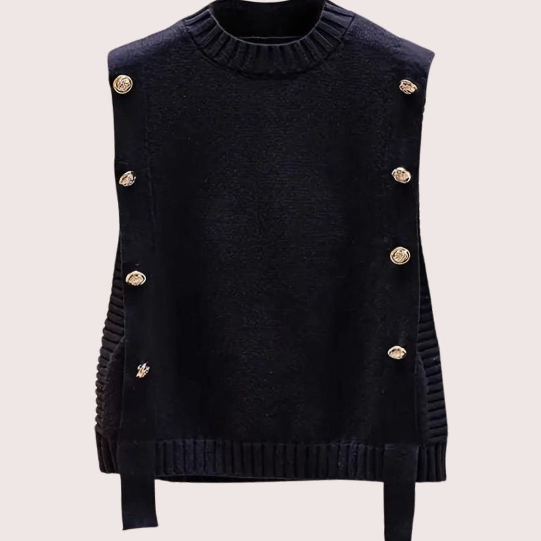 Mouwloze Gebreide Bodywarmer Dames Gouden Knopen Zijkant