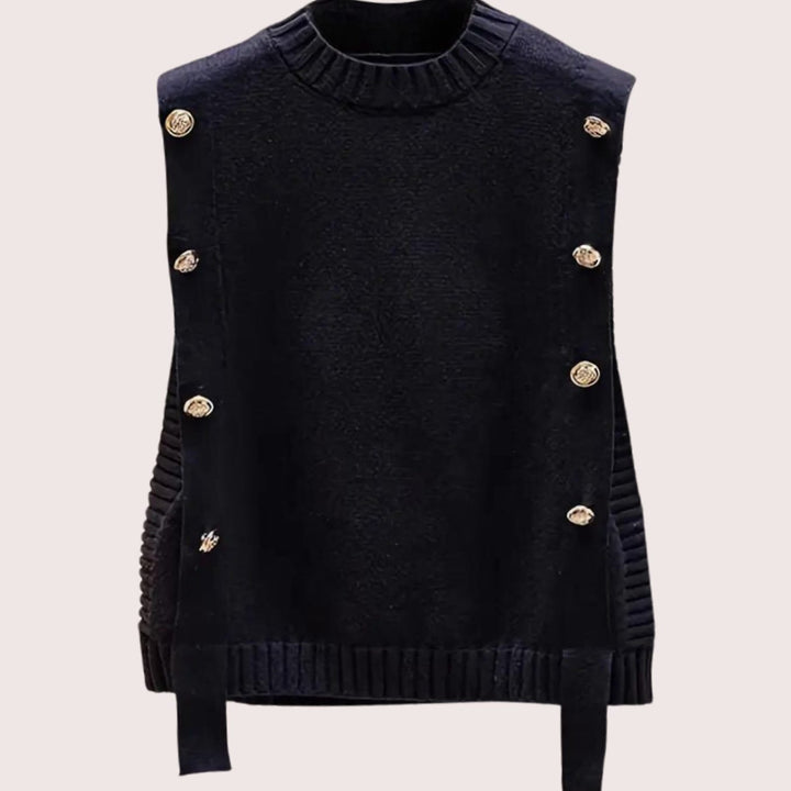 Mouwloze Gebreide Bodywarmer Dames Gouden Knopen Zijkant