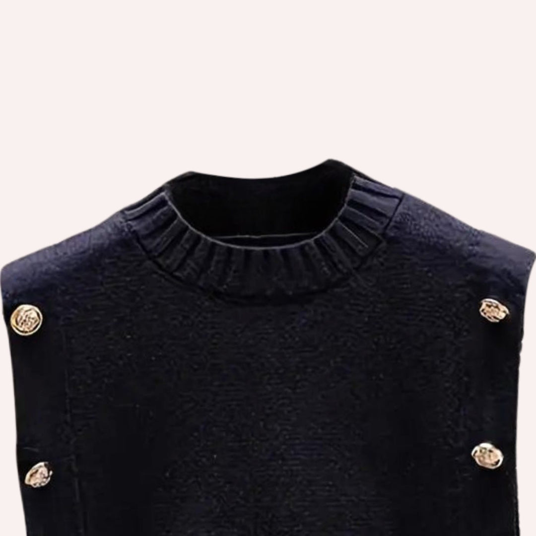 Mouwloze Gebreide Bodywarmer Dames Gouden Knopen Zijkant