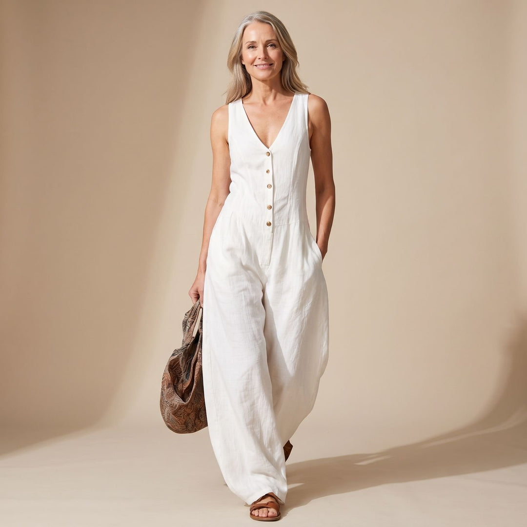 Mouwloze V-hals Wijdbeens Jumpsuit Dames met Knoopsluiting - Wit
