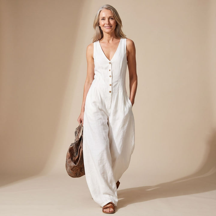 Mouwloze V-hals Wijdbeens Jumpsuit Dames met Knoopsluiting - Wit
