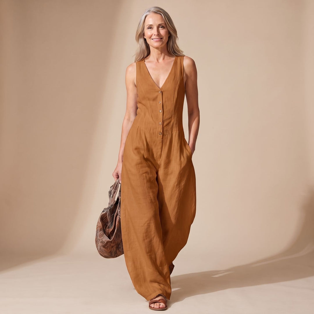 Mouwloze V-hals Wijdbeens Jumpsuit Dames met Knoopsluiting - Bruin