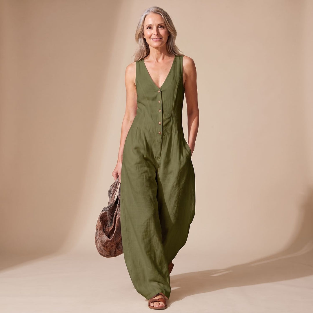 Mouwloze V-hals Wijdbeens Jumpsuit Dames met Knoopsluiting - Groen