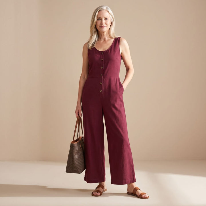 Mouwloze V-hals Wijdbeens Jumpsuit Dames met Knoopsluiting - Rood