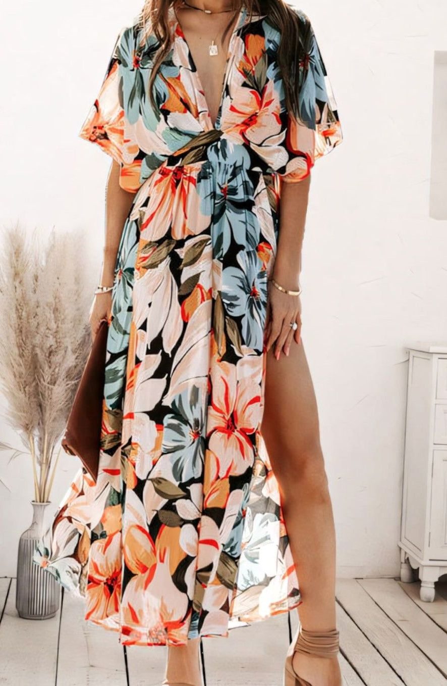 Najaarsjurk Dames A-lijn Bloemenprint Maxi Jurk V-hals - Oranje