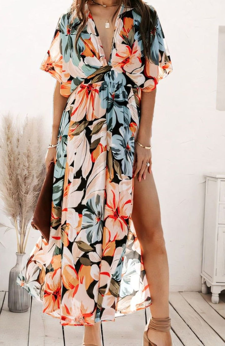Najaarsjurk Dames A-lijn Bloemenprint Maxi Jurk V-hals - Oranje