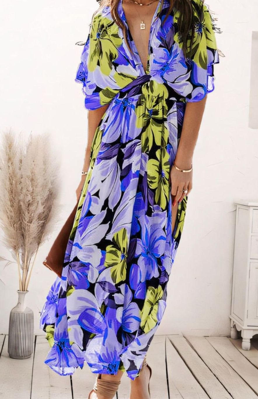 Najaarsjurk Dames A-lijn Bloemenprint Maxi Jurk V-hals - Blauw
