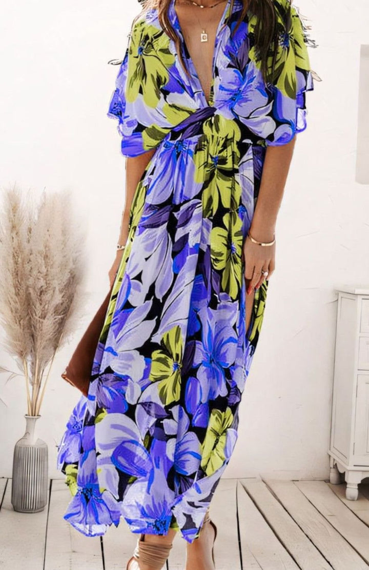 Najaarsjurk Dames A-lijn Bloemenprint Maxi Jurk V-hals - Blauw