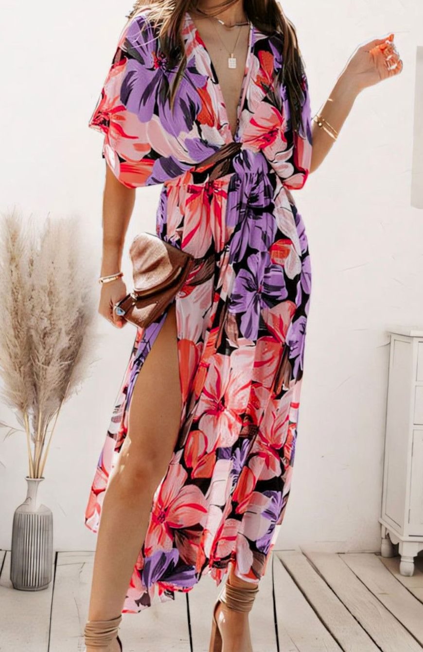 Najaarsjurk Dames A-lijn Bloemenprint Maxi Jurk V-hals - Rood