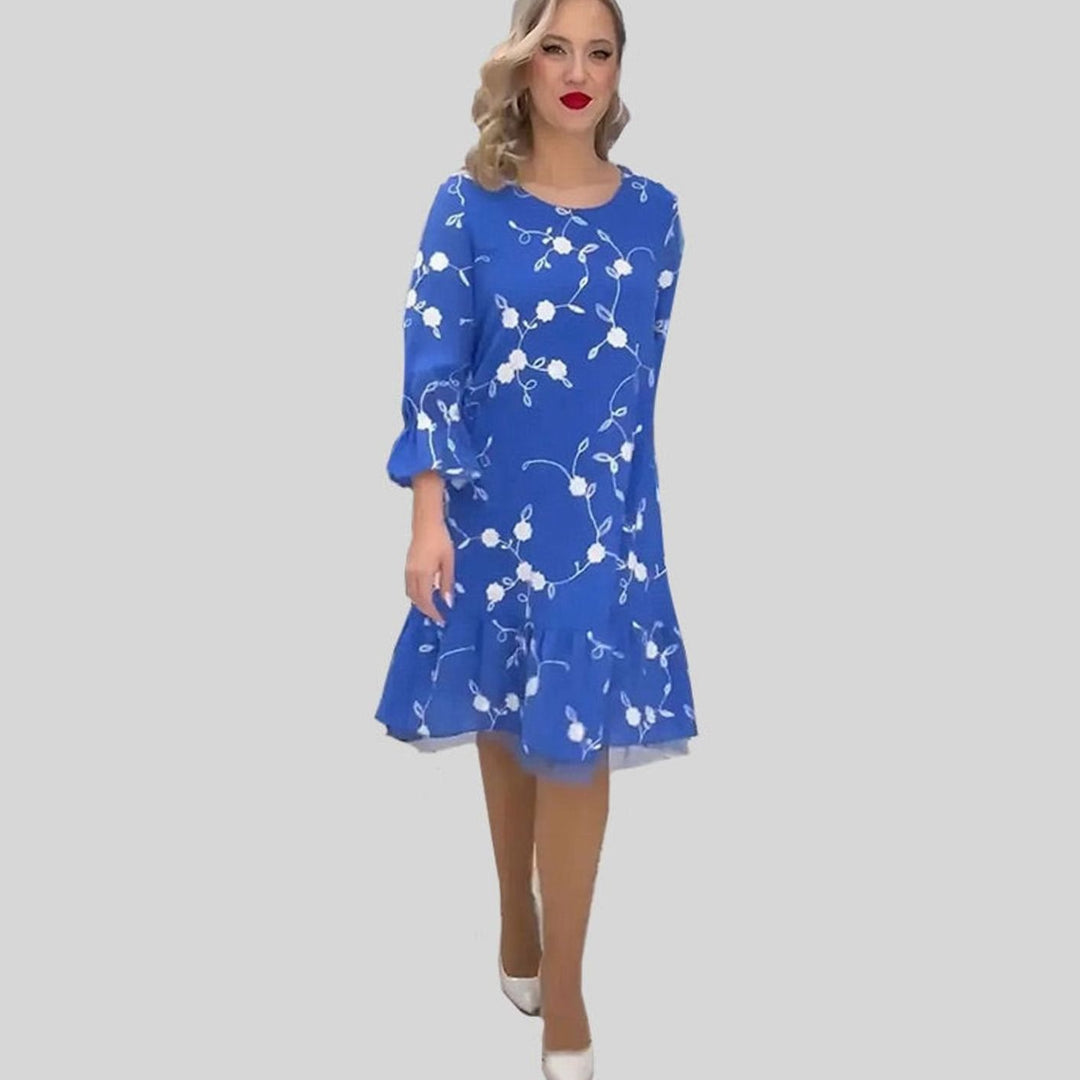 Najaarsjurk Dames Bloemenprint Midi 3/4 Mouw Ruches